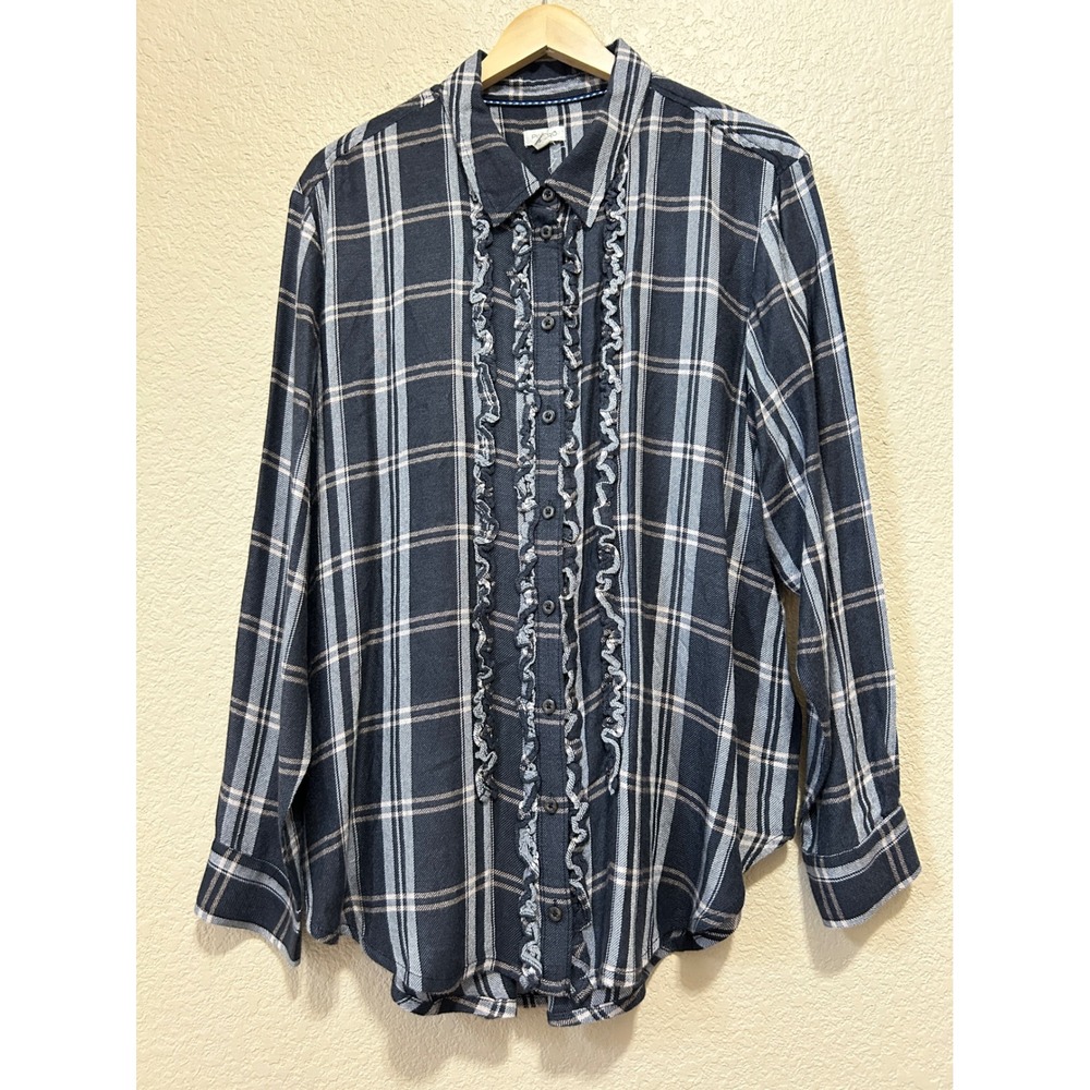 Pilcro XL Ruffle Front Plaid Button Down Shirt Navy Blue Wool Blend Cottagecore